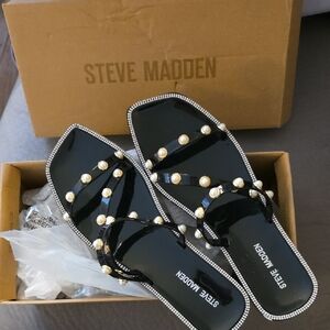 Steve Madden Black and Silver Pearl-Embellished Sandals